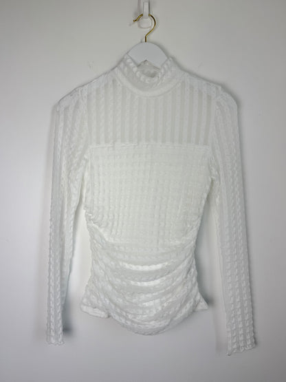 Ivory Whisper — Textured Lace High Neck Ruched Mesh Top