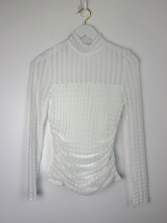 Ivory Whisper — Textured Lace High Neck Ruched Mesh Top