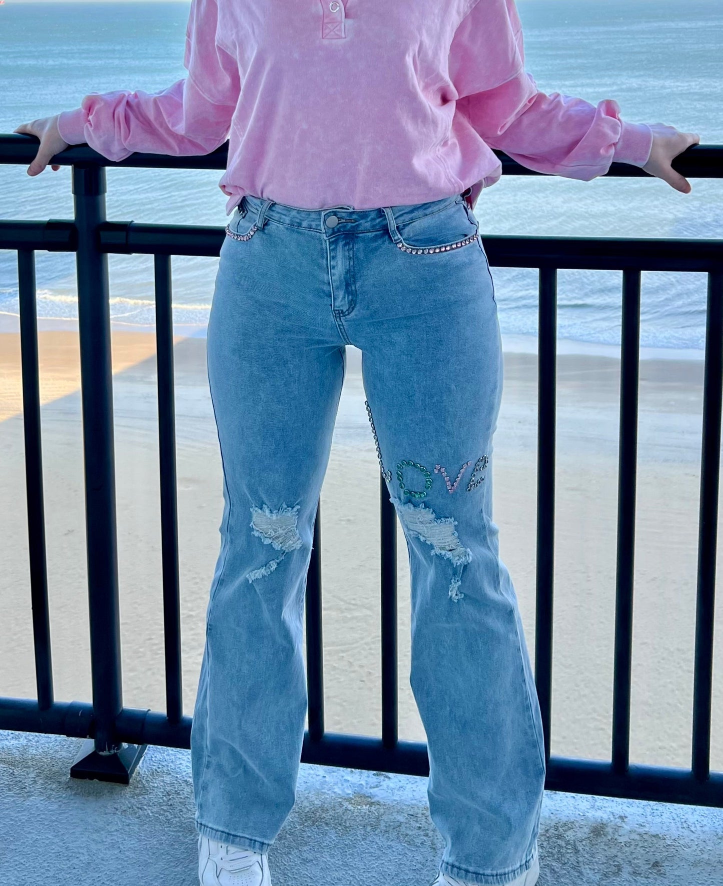 High Waisted Flare Rhinestone Embellished Jeans