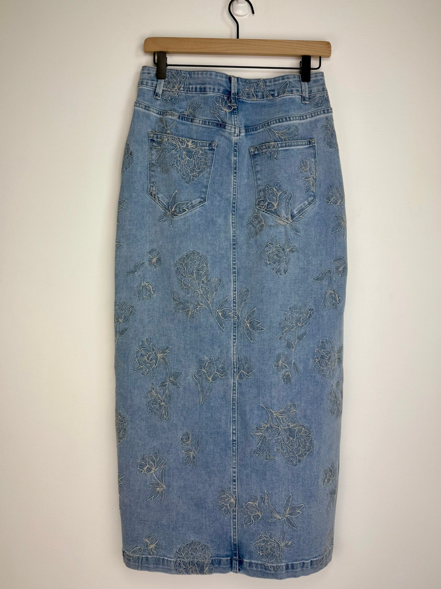 Floral Etch-Embroidered Denim Skirt