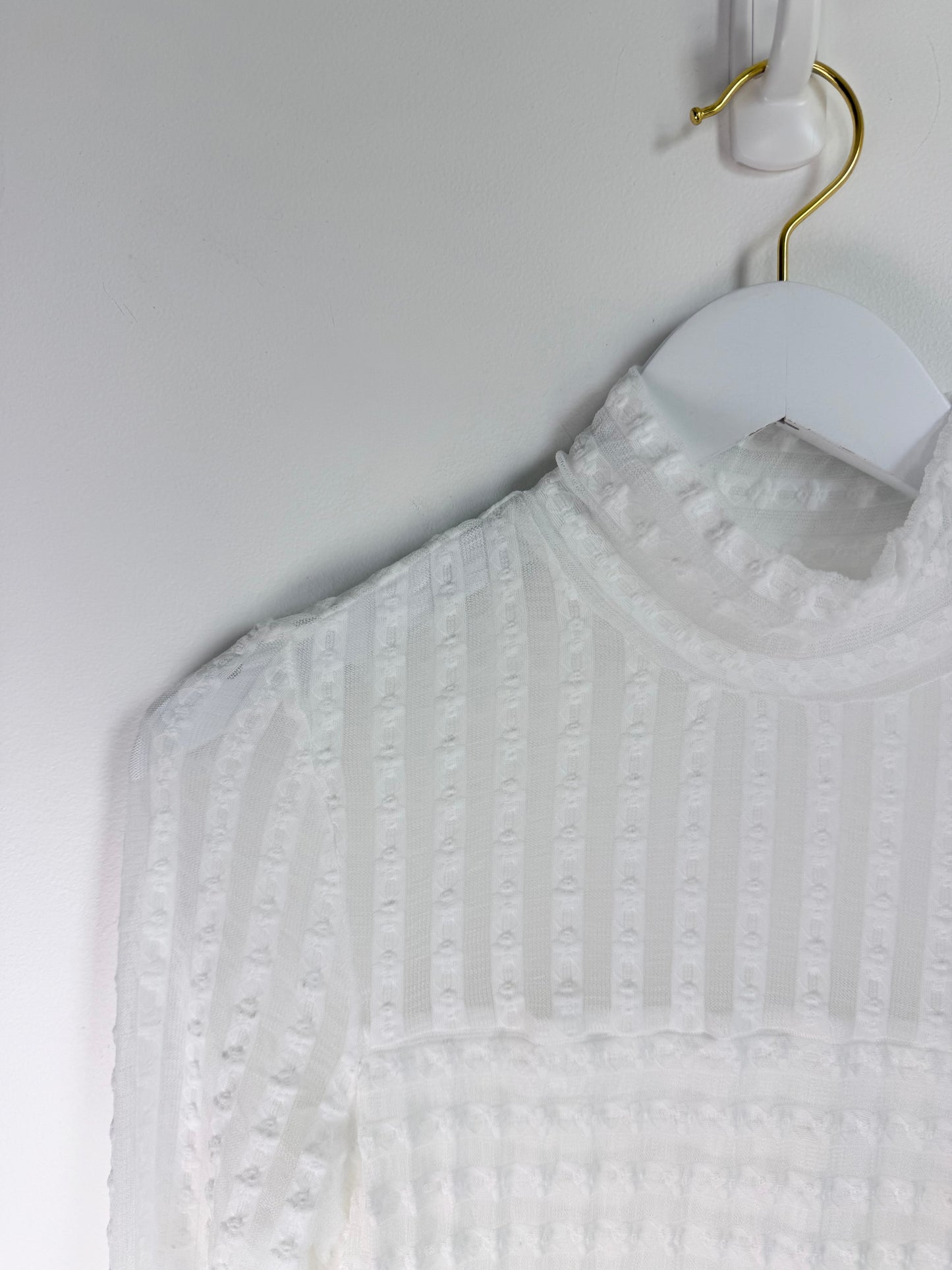Ivory Whisper — Textured Lace High Neck Ruched Mesh Top