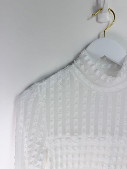 Ivory Whisper — Textured Lace High Neck Ruched Mesh Top