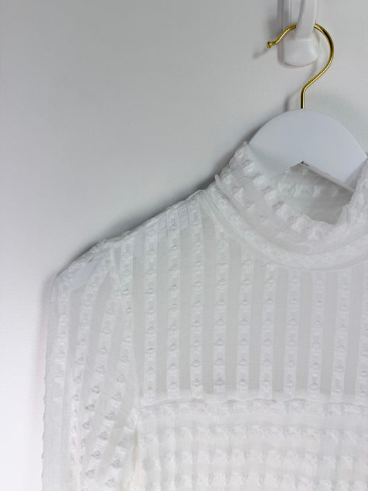 Ivory Whisper — Textured Lace High Neck Ruched Mesh Top