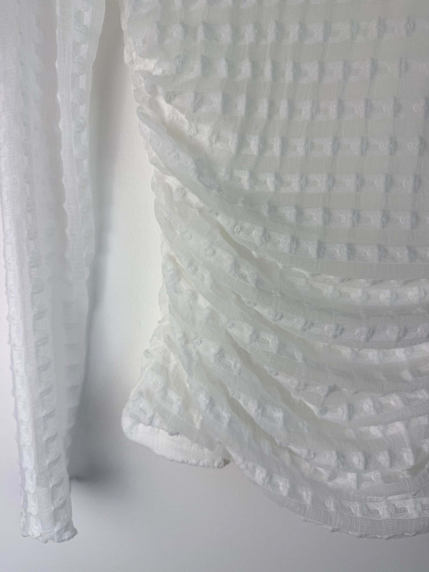Ivory Whisper — Textured Lace High Neck Ruched Mesh Top