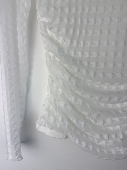 Ivory Whisper — Textured Lace High Neck Ruched Mesh Top