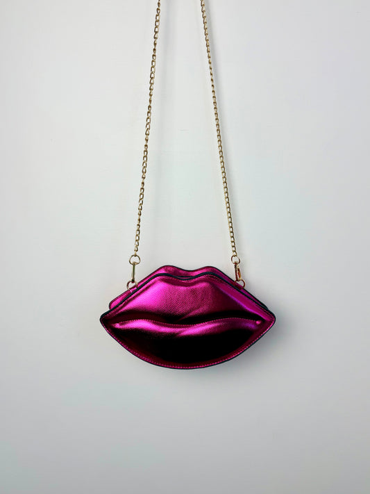 Kiss Me Fashion Clutch — Hot Pink Metallic Lips Novelty Purse