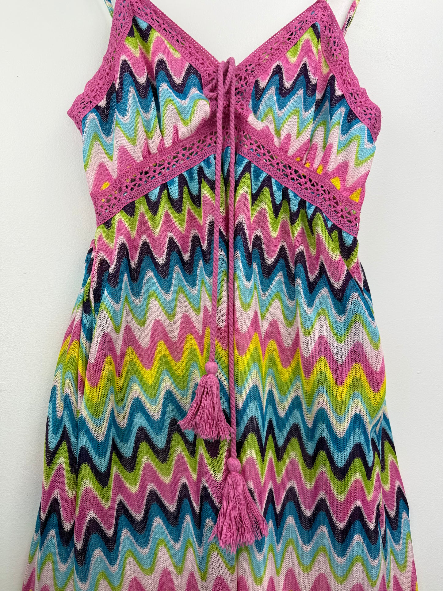 Waves of Summer Maxi Dress – Multicolor Tassel Detail & Crochet Accents