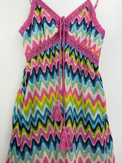 Waves of Summer Maxi Dress – Multicolor Tassel Detail & Crochet Accents