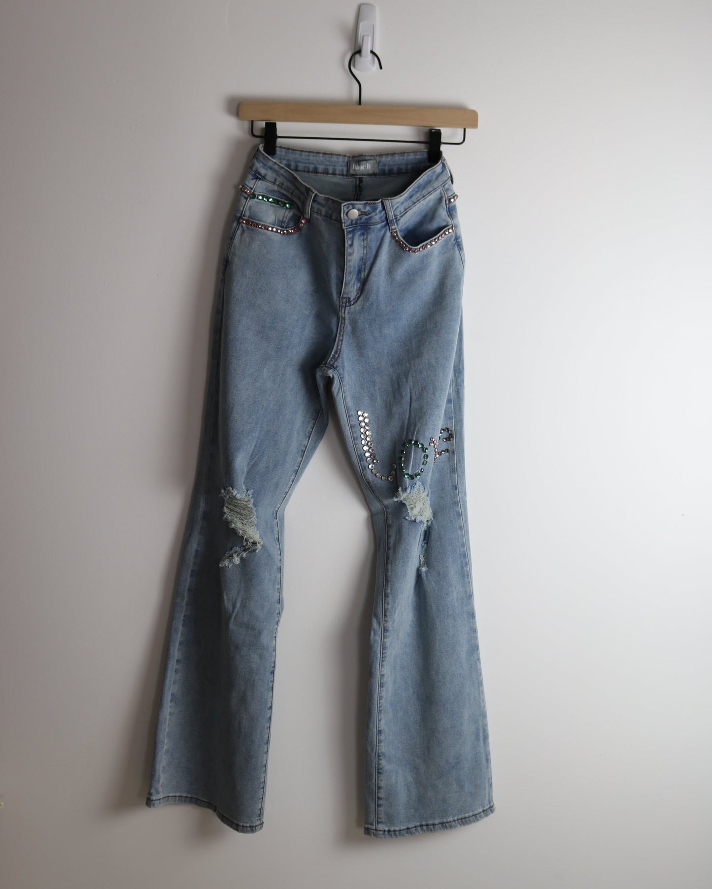 High Waisted Flare Rhinestone Embellished Jeans
