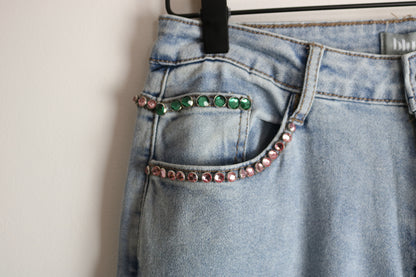 High Waisted Flare Rhinestone Embellished Jeans