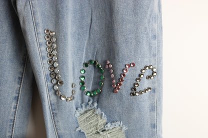High Waisted Flare Rhinestone Embellished Jeans