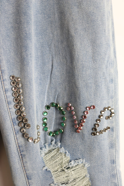 High Waisted Flare Rhinestone Embellished Jeans