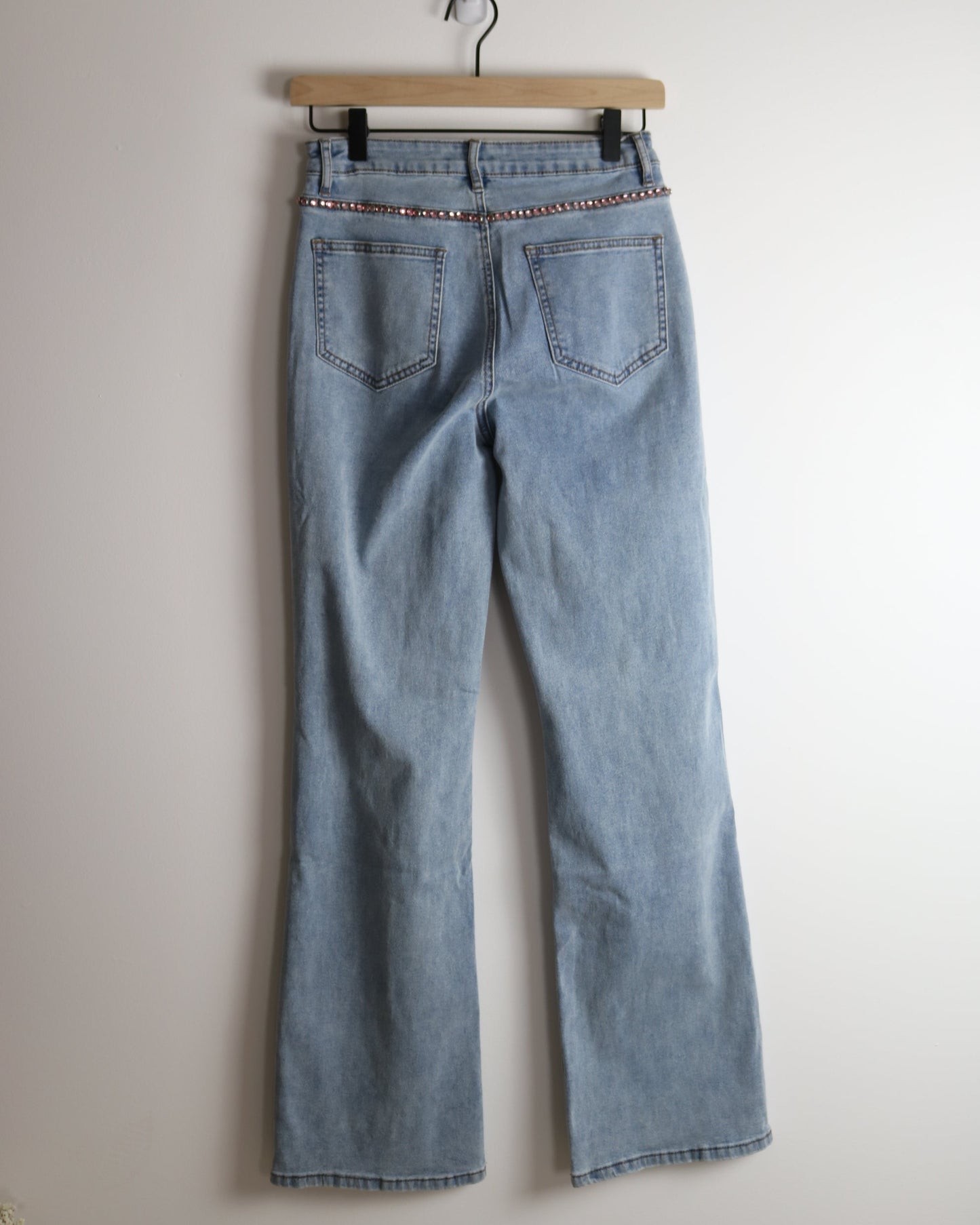 High Waisted Flare Rhinestone Embellished Jeans