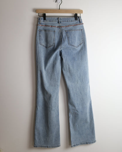 High Waisted Flare Rhinestone Embellished Jeans
