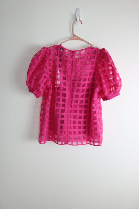 Checkmate-Sheer Puff Sleeve Statement Top (Hot Pink)