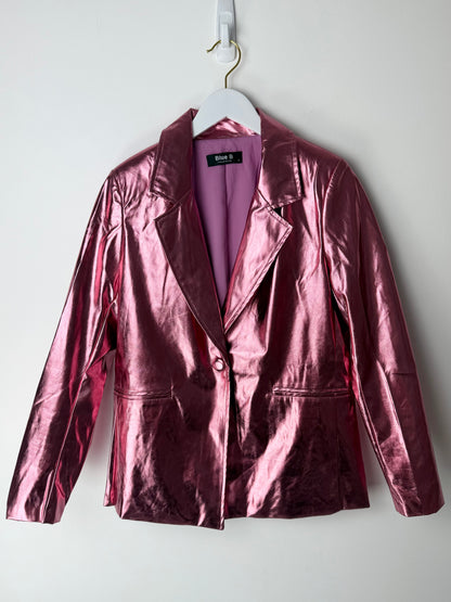 Edgy glam Pink metallic jacket on a hanger against a white background