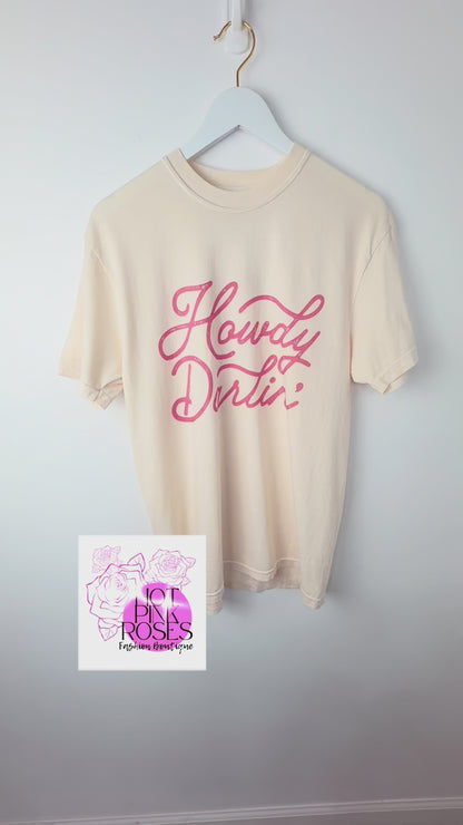 Howdy Darlin' — Hot Pink Graphic Ivory Cotton Tee