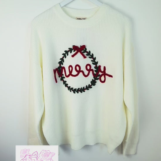 hot-pink-roses-fashion-boutique-womens-Ivory-Merry-Wreath-Christmas-sweater-with-green-embroidered-wreath-and-red-bow video of details