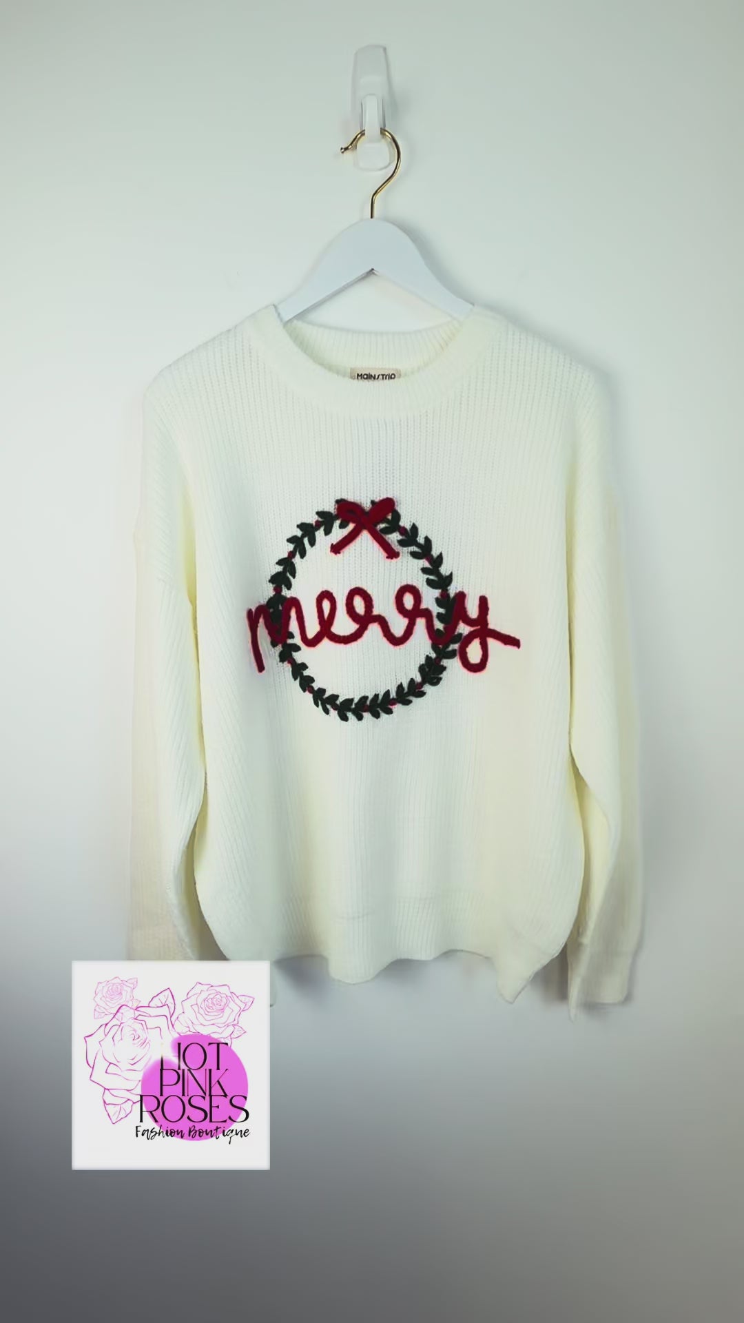 hot-pink-roses-fashion-boutique-womens-Ivory-Merry-Wreath-Christmas-sweater-with-green-embroidered-wreath-and-red-bow video of details