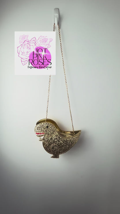 Jurassic Glam — Gold Glitter T-Rex Dinosaur Clutch with Chain Strap