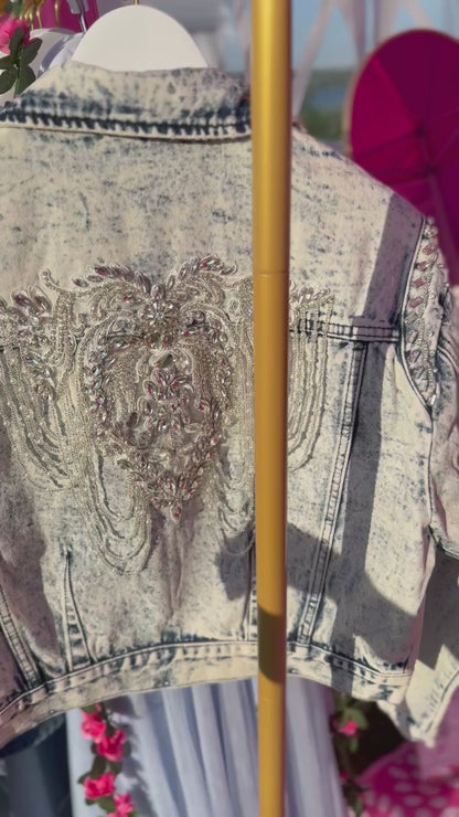 Acid Washed Shoulder Beading Denim Jacket