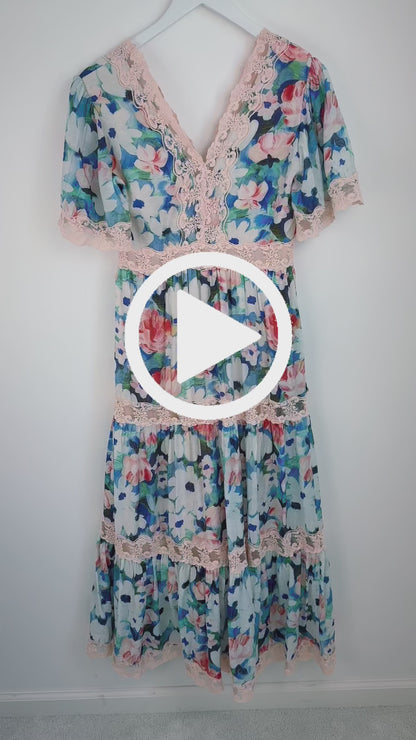Painted Petals-Flutter Sleeve Lace Maxi