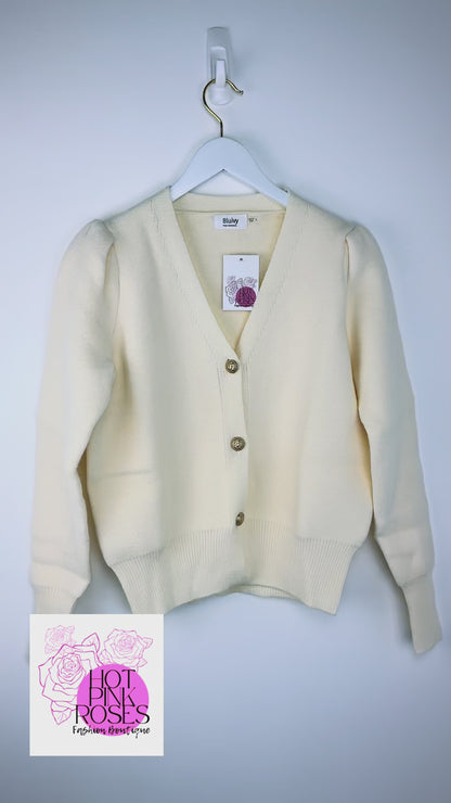 Elevé-Ivory V-Neck Button-Down Cardigan