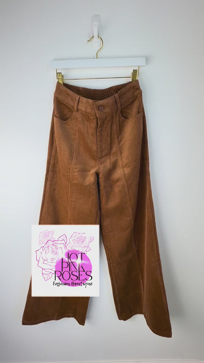 Mabel — Camel Corduroy High-Waisted Wide-Leg Pants with Pockets